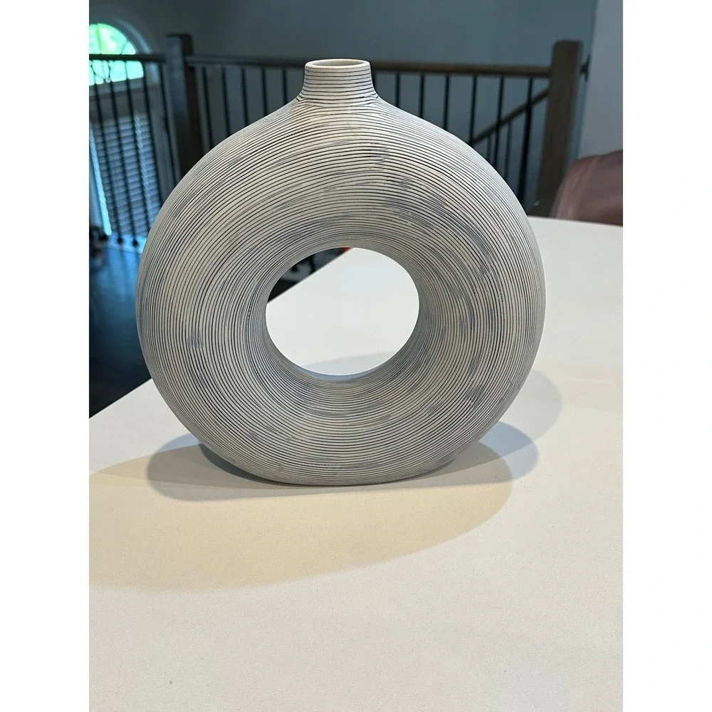 Modern Ribbed Ceramic Donut‎ Vase White Blue Textured Circular Sculpture 11 Inch